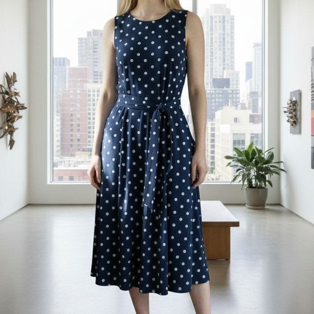 Ralph Lauren Navy Blue Polka Dot Sleeveless Fit N Flare Dress Sz 8 Tie Stretchy